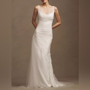 Sébastien Luke Ines Asymmetric Ruched Tulle Crepe Flare Wedding Gown